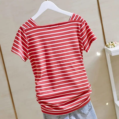 Eleganza Italiana 100% Cotton T Shirts Women Fashion Striped V-Neck T-Shirt Casual Short Sleeve Tops 2023 Summer Trend Thin Oversized Tshirt Y2k Streetwear high fashion shein amazon temu target Walmart online