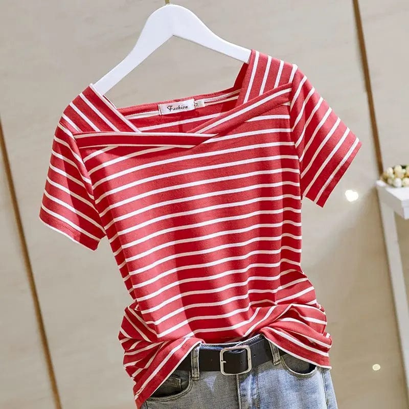 Eleganza Italiana 100% Cotton T Shirts Women Fashion Striped V-Neck T-Shirt Casual Short Sleeve Tops 2023 Summer Trend Thin Oversized Tshirt Y2k Streetwear high fashion shein amazon temu target Walmart online