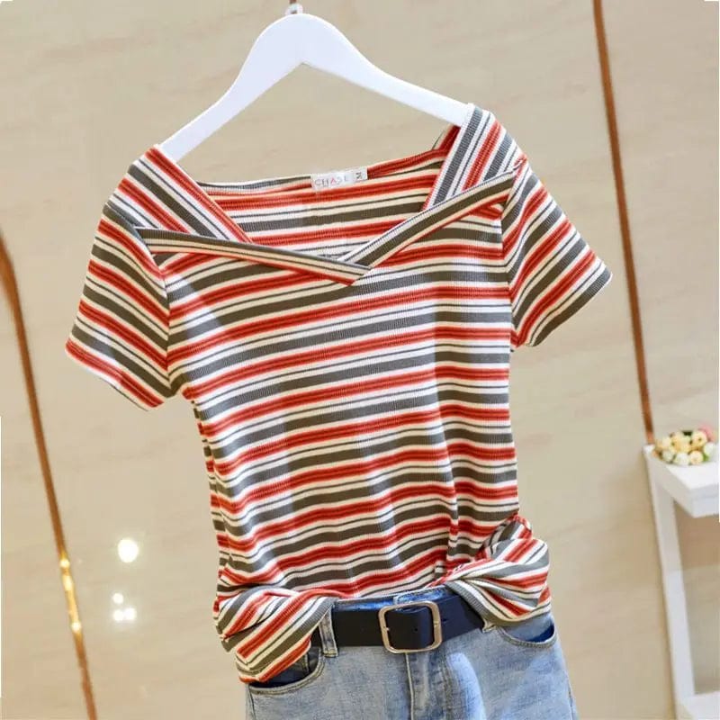 Eleganza Italiana 100% Cotton T Shirts Women Fashion Striped V-Neck T-Shirt Casual Short Sleeve Tops 2023 Summer Trend Thin Oversized Tshirt Y2k Streetwear high fashion shein amazon temu target Walmart online