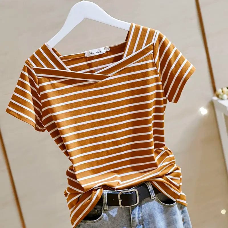 Eleganza Italiana 100% Cotton T Shirts Women Fashion Striped V-Neck T-Shirt Casual Short Sleeve Tops 2023 Summer Trend Thin Oversized Tshirt Y2k Streetwear high fashion shein amazon temu target Walmart online