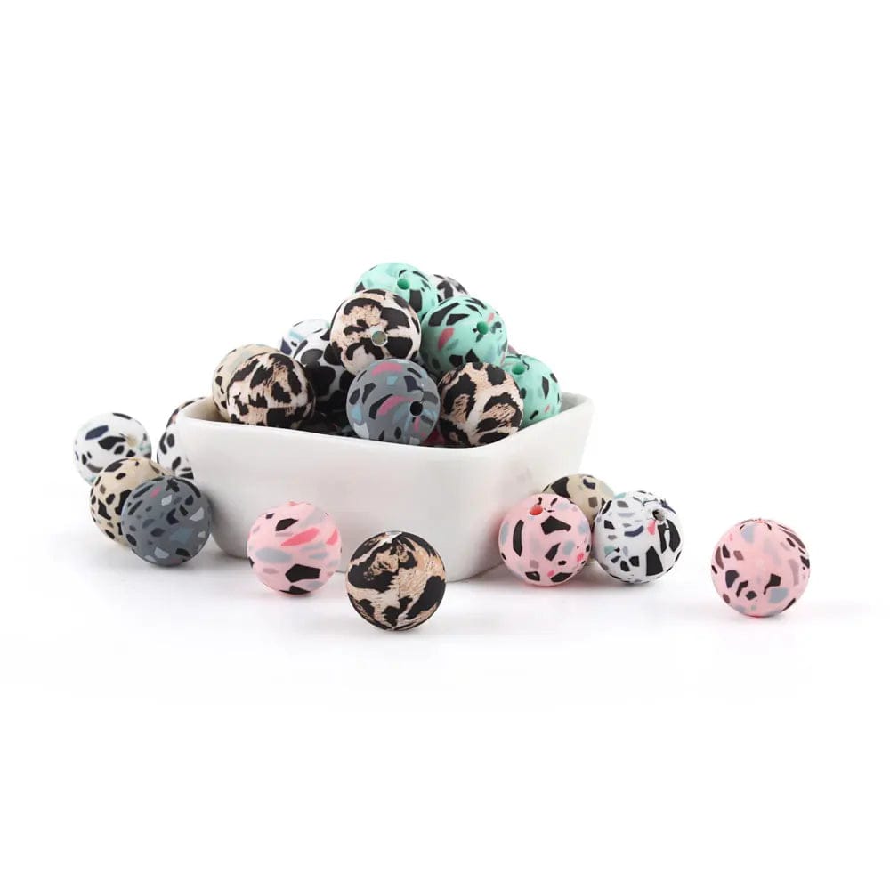 Eleganza Italiana 10pcs 15mm Silicone Loose Beads Safe Teether Round Tie Dye Leopard Terrazzo Dalmatian Camo DIY Chewable Baby Teething Print Bead Streetwear high fashion shein amazon temu target Walmart online