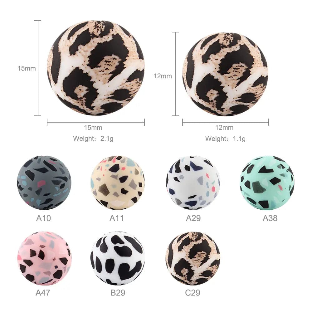 Eleganza Italiana 10pcs 15mm Silicone Loose Beads Safe Teether Round Tie Dye Leopard Terrazzo Dalmatian Camo DIY Chewable Baby Teething Print Bead Streetwear high fashion shein amazon temu target Walmart online