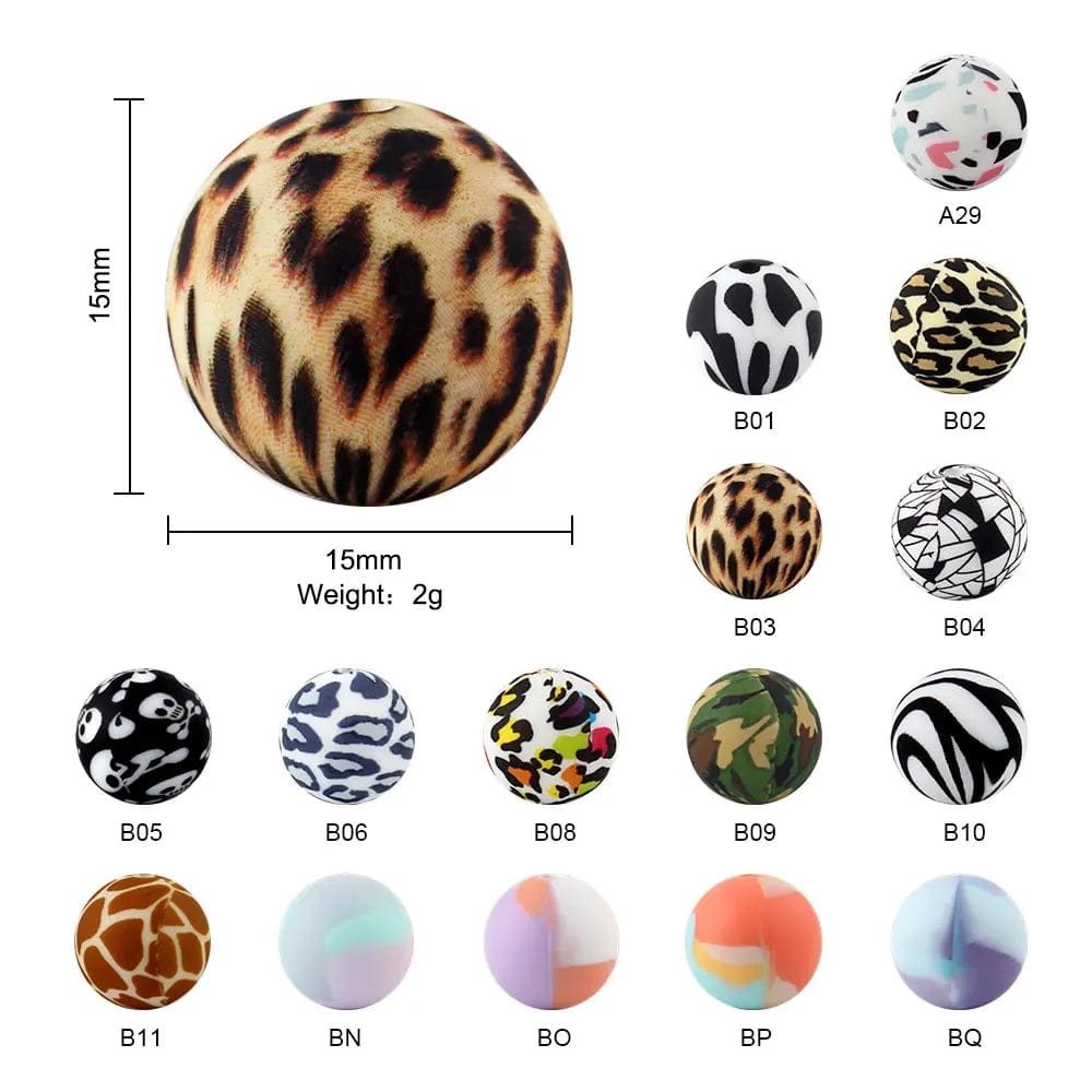 Eleganza Italiana 10pcs 15mm Silicone Loose Beads Safe Teether Round Tie Dye Leopard Terrazzo Dalmatian Camo DIY Chewable Baby Teething Print Bead Streetwear high fashion shein amazon temu target Walmart online