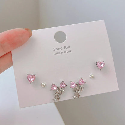 Eleganza Italiana 17KM INS Y2K Pink Heart Stud Earrings for Women Girls Korean Bow Dangle Earring Set Sweet Crystal Drop Earring Fashion Jewelry Streetwear high fashion shein amazon temu target Walmart online