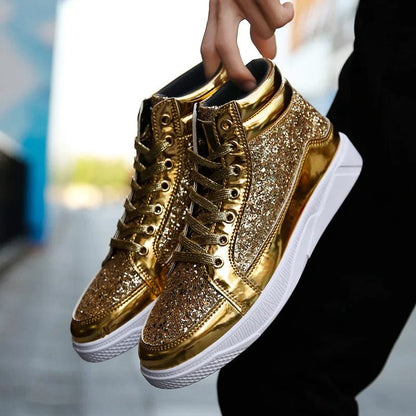 Eleganza Italiana 2020 Fashion Men High Top Sneakers Male Ankle Boots Gold Luxury Glitter Shoes Streetwear Hip Hop Casual Boots Chaussures Homme Streetwear high fashion shein amazon temu target Walmart online