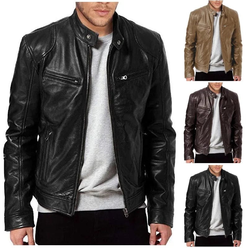 Eleganza Italiana 2023 Fashion Mens Leather Jacket Slim Fit Stand Collar PU Jacket Male Anti-wind Motorcycle Lapel Diagonal Zipper Jackets Men Streetwear high fashion shein amazon temu target Walmart online