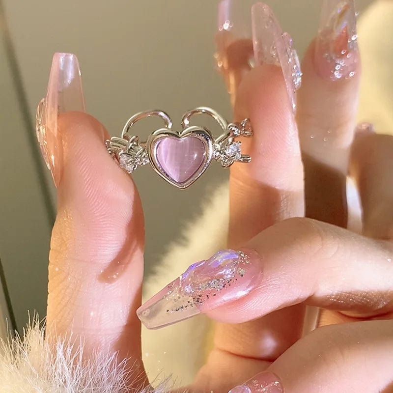 Eleganza Italiana 2023 Kpop Pink Zircon Heart Open Ring for Women Girls Luxury Blue Opal Heart Couple Finger Rings Wedding Y2K Jewelry Streetwear high fashion shein amazon temu target Walmart online