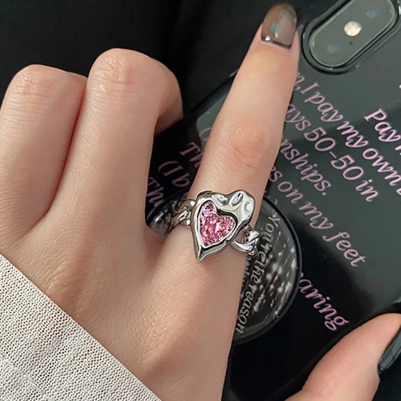 Eleganza Italiana 2023 Kpop Pink Zircon Heart Open Ring for Women Girls Luxury Blue Opal Heart Couple Finger Rings Wedding Y2K Jewelry Streetwear high fashion shein amazon temu target Walmart online