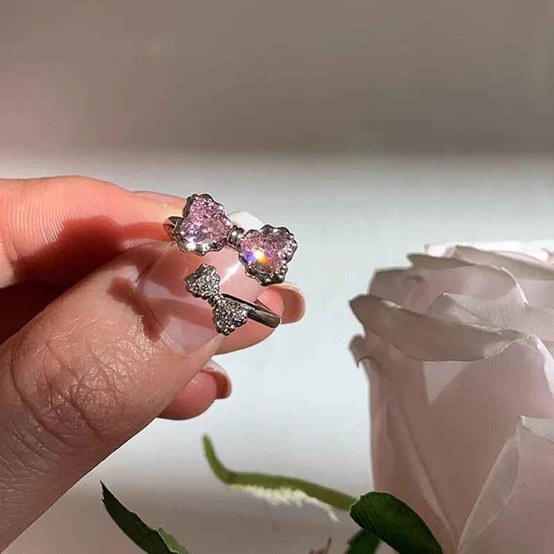 Eleganza Italiana 2023 New Pink Crystal Irregular Heart Rings for Women Luxury Exquisite Zircon Bowknot Open Adjustable Ring Y2K Rings Jewelry Streetwear high fashion shein amazon temu target Walmart online