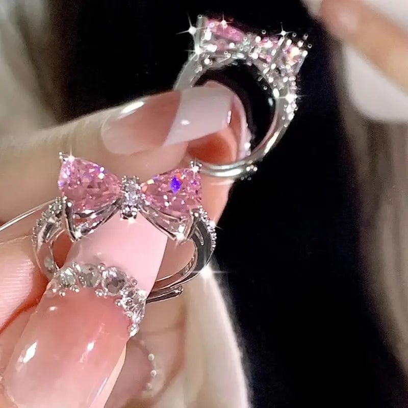 Eleganza Italiana 2023 New Pink Crystal Irregular Heart Rings for Women Luxury Exquisite Zircon Bowknot Open Adjustable Ring Y2K Rings Jewelry Streetwear high fashion shein amazon temu target Walmart online