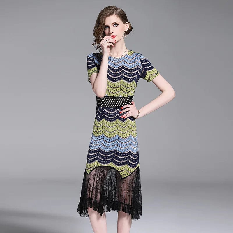 Eleganza Italiana 2023 summer new lace stitching short-sleeved fishtail Dress temperament slim bag hip sheath dress Striped patchwork Dresses Streetwear high fashion shein amazon temu target Walmart online