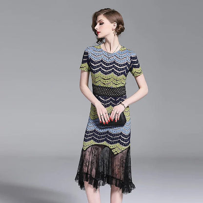 Eleganza Italiana 2023 summer new lace stitching short-sleeved fishtail Dress temperament slim bag hip sheath dress Striped patchwork Dresses Streetwear high fashion shein amazon temu target Walmart online