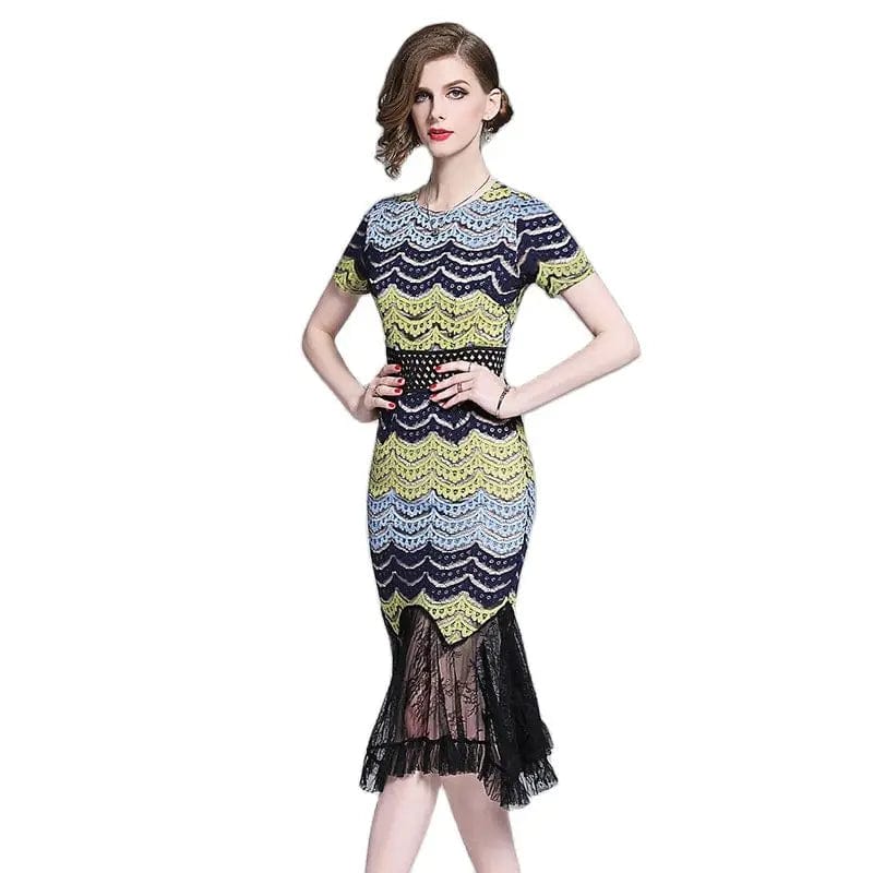 Eleganza Italiana 2023 summer new lace stitching short-sleeved fishtail Dress temperament slim bag hip sheath dress Striped patchwork Dresses Streetwear high fashion shein amazon temu target Walmart online