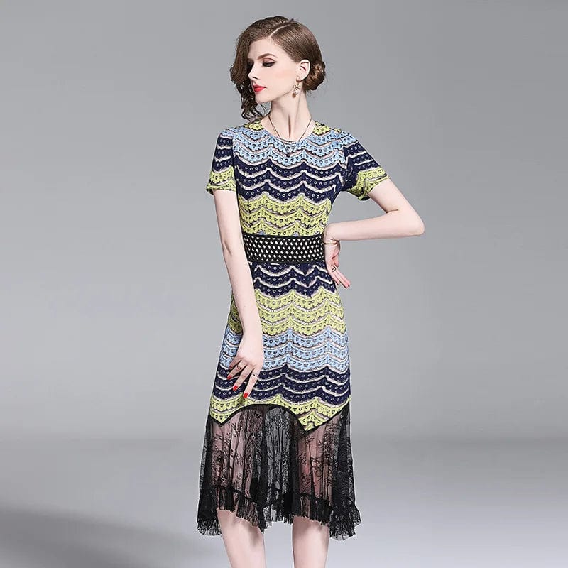 Eleganza Italiana 2023 summer new lace stitching short-sleeved fishtail Dress temperament slim bag hip sheath dress Striped patchwork Dresses Streetwear high fashion shein amazon temu target Walmart online