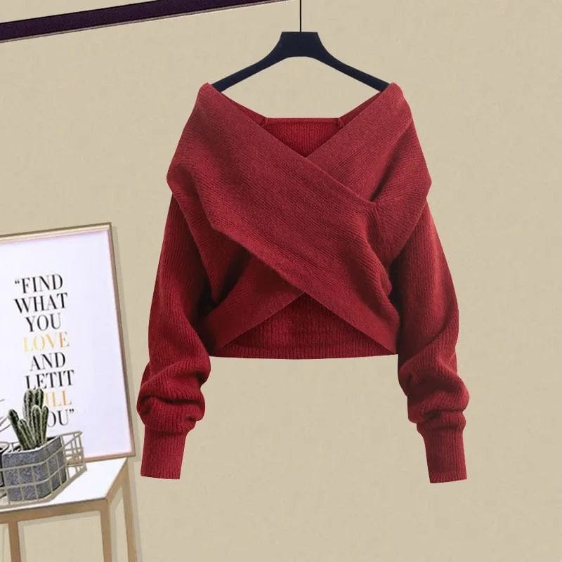 Eleganza Italiana 2023 Winter New Cross Knitted Sweater Long Sleeve Bottom Sweater Fluffy Mini Dress Three Piece Elegant Women&