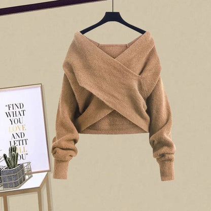 Eleganza Italiana 2023 Winter New Cross Knitted Sweater Long Sleeve Bottom Sweater Fluffy Mini Dress Three Piece Elegant Women&