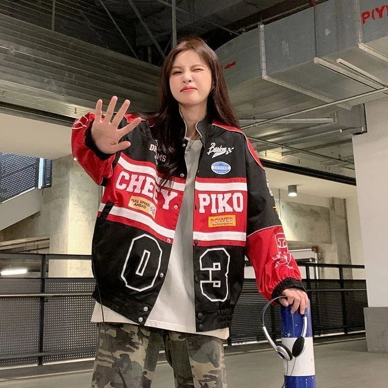 Eleganza Italiana 2023 Y2k Red White Bomber F1 Jacket Women Men Biker Racer Jacket Retro Hip Hop Grunge Clothes Trend Oversize Windbreaker Varsity Streetwear high fashion shein amazon temu target Walmart online