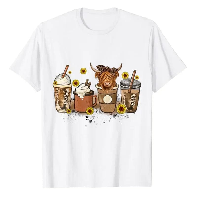 Eleganza Italiana 2024 Caffeine Addict Coffee Drinker Graphic Tee Tops Y2k Clothes Scottish Highland Cow Sunflower Fall Vibes Coffee Lover T-Shirt Streetwear high fashion shein amazon temu target Walmart online