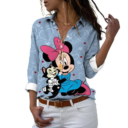 Eleganza Italiana 2024 New Fall Harajuku Disney Brand Long Sleeve Shirt Minnie Anime 3d Print Ladies Lapel Shirt Y2k Streetwear high fashion shein amazon temu target Walmart online