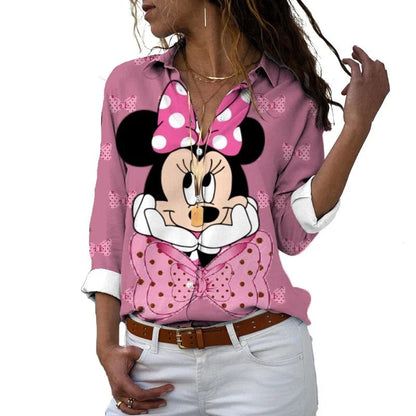 Eleganza Italiana 2024 New Fall Harajuku Disney Brand Long Sleeve Shirt Minnie Anime 3d Print Ladies Lapel Shirt Y2k Streetwear high fashion shein amazon temu target Walmart online