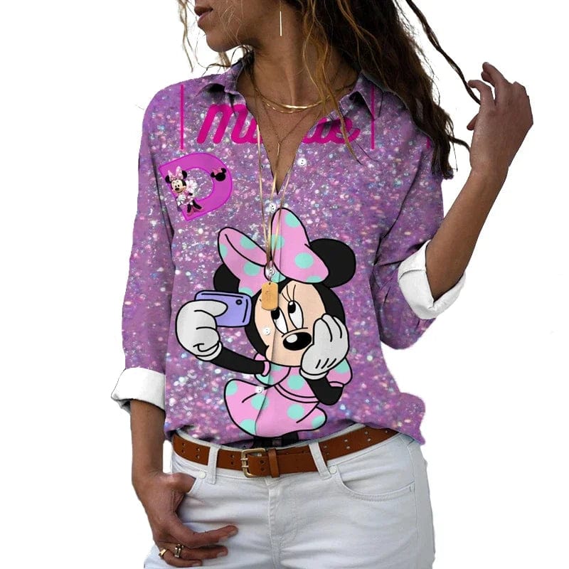 Eleganza Italiana 2024 New Fall Harajuku Disney Brand Long Sleeve Shirt Minnie Anime 3d Print Ladies Lapel Shirt Y2k Streetwear high fashion shein amazon temu target Walmart online