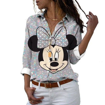 Eleganza Italiana 2024 New Fall Harajuku Disney Brand Long Sleeve Shirt Minnie Anime 3d Print Ladies Lapel Shirt Y2k Streetwear high fashion shein amazon temu target Walmart online