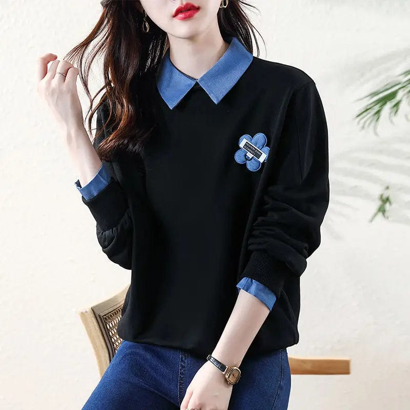 Eleganza Italiana 2024 Stylish Streetwear Floral Patchwork Sweatshirts Spring Autumn Fake Two Pieces Loose Polo-Neck Female Long Sleeve Pullovers Streetwear high fashion shein amazon temu target Walmart online