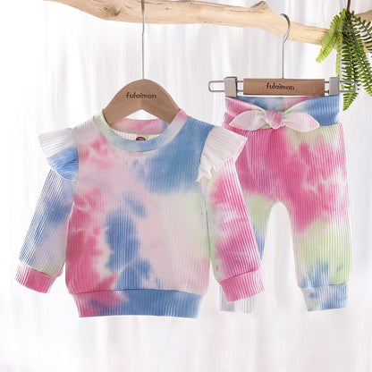 Eleganza Italiana 2Pcs Autumn Baby Girls Outfits Set Princess Ribbed Tie Dye Print Long Sleeve Ruffle Sweatshirt+Bowknot Pants Infant Clothing Set Streetwear high fashion shein amazon temu target Walmart online