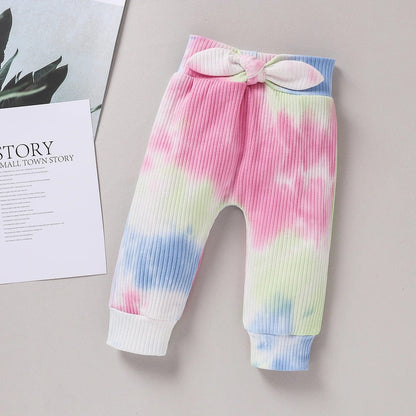 Eleganza Italiana 2Pcs Autumn Baby Girls Outfits Set Princess Ribbed Tie Dye Print Long Sleeve Ruffle Sweatshirt+Bowknot Pants Infant Clothing Set Streetwear high fashion shein amazon temu target Walmart online