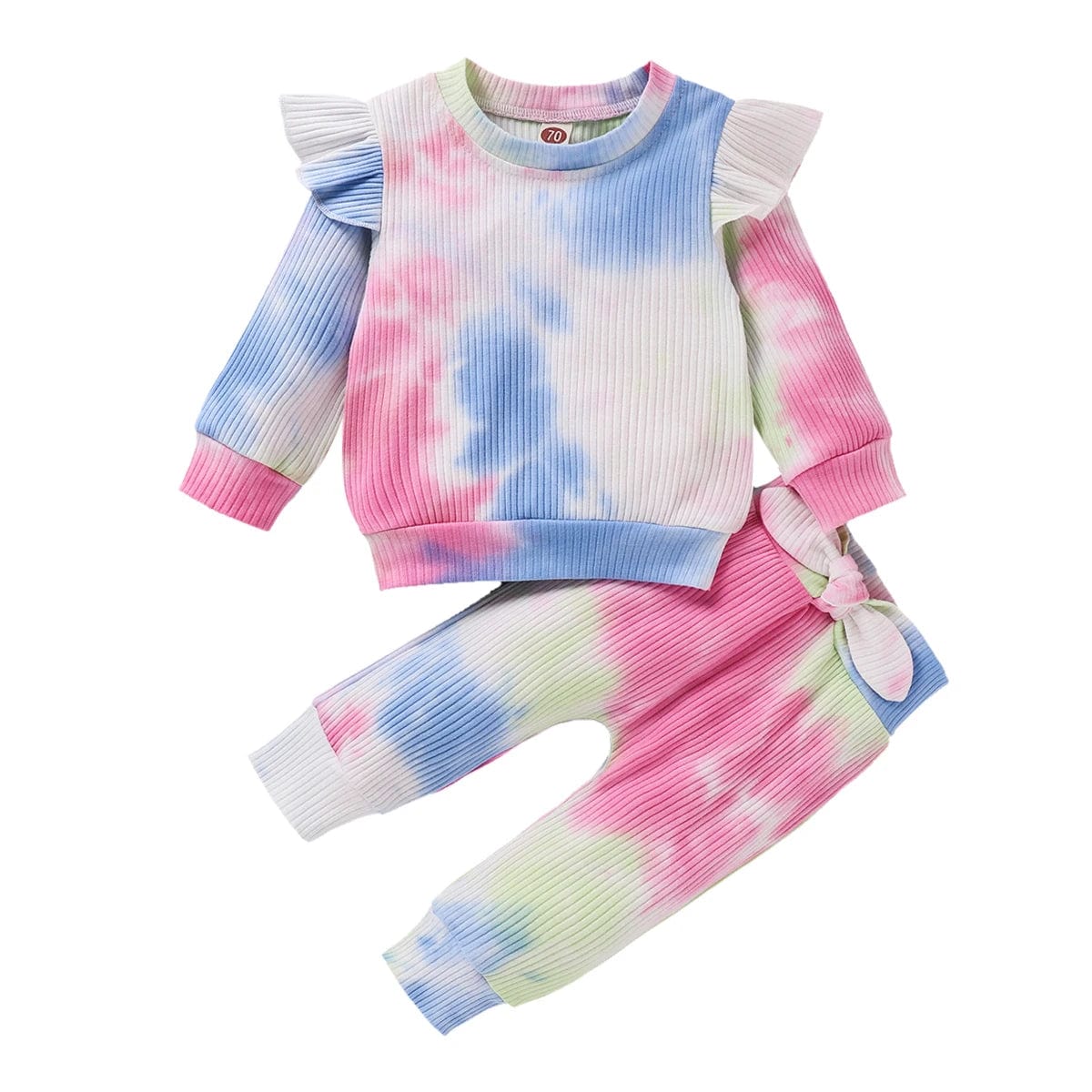 Eleganza Italiana 2Pcs Autumn Baby Girls Outfits Set Princess Ribbed Tie Dye Print Long Sleeve Ruffle Sweatshirt+Bowknot Pants Infant Clothing Set Streetwear high fashion shein amazon temu target Walmart online