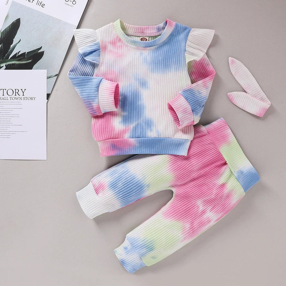 Eleganza Italiana 2Pcs Autumn Baby Girls Outfits Set Princess Ribbed Tie Dye Print Long Sleeve Ruffle Sweatshirt+Bowknot Pants Infant Clothing Set Streetwear high fashion shein amazon temu target Walmart online