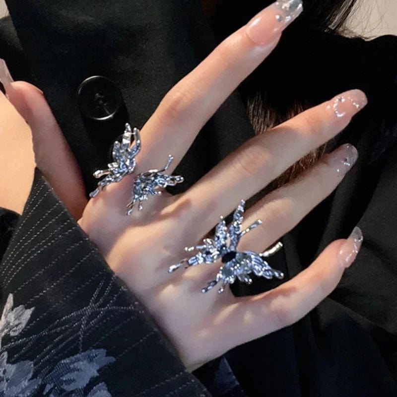 Eleganza Italiana 2PCS SET Punk Irregular Liquid Metal Butterfly Adjustable Open Rings For Women Aesthetic Egirl Gothic Trend Insect Y2K Jewelry Streetwear high fashion shein amazon temu target Walmart online