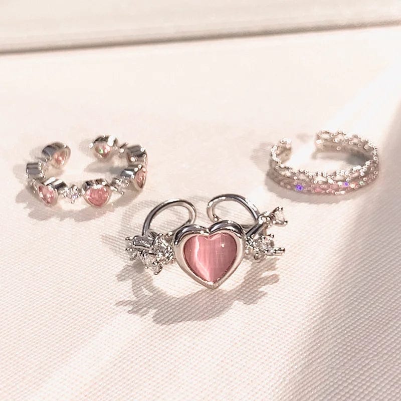 Eleganza Italiana 3pcs Fashion Love Heart Zircon Open Rings Set for Women Gothic Sweet Girls Geometric Finger Rings Y2K Party Jewelry Accessories Streetwear high fashion shein amazon temu target Walmart online