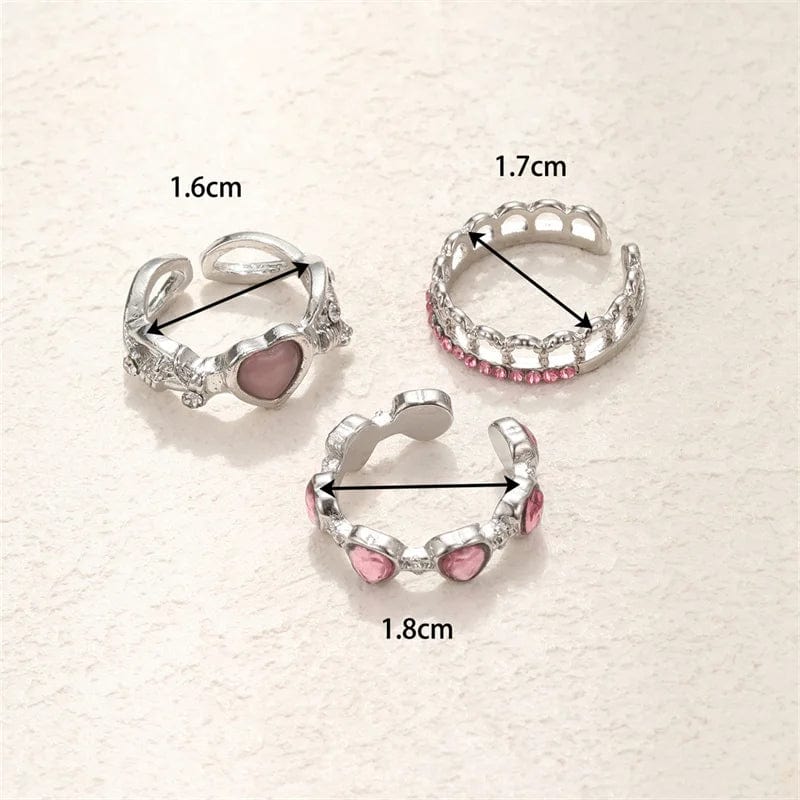 Eleganza Italiana 3pcs Fashion Love Heart Zircon Open Rings Set for Women Gothic Sweet Girls Geometric Finger Rings Y2K Party Jewelry Accessories Streetwear high fashion shein amazon temu target Walmart online