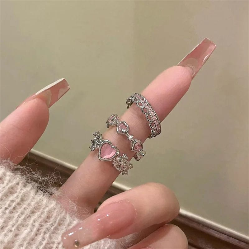 Eleganza Italiana 3pcs Fashion Love Heart Zircon Open Rings Set for Women Gothic Sweet Girls Geometric Finger Rings Y2K Party Jewelry Accessories Streetwear high fashion shein amazon temu target Walmart online