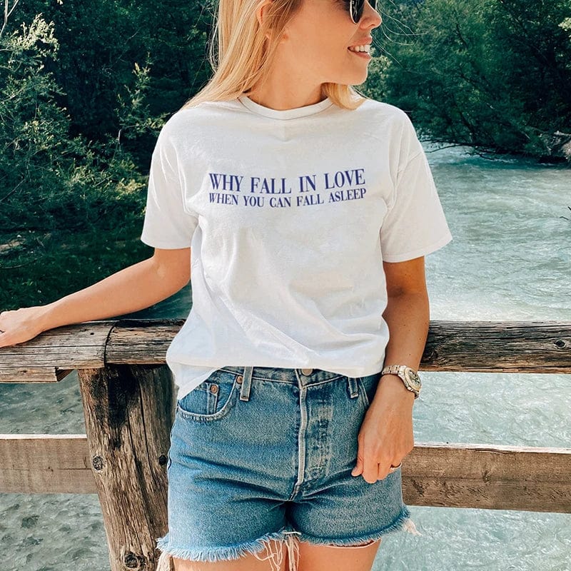 Eleganza Italiana 90s Grunge Goth Clothes Harajuku Women T Shirt Cotton Y2k Summer Fashion Why Fall in Love When You Can Fall Asleep T-shirt Lady Streetwear high fashion shein amazon temu target Walmart online