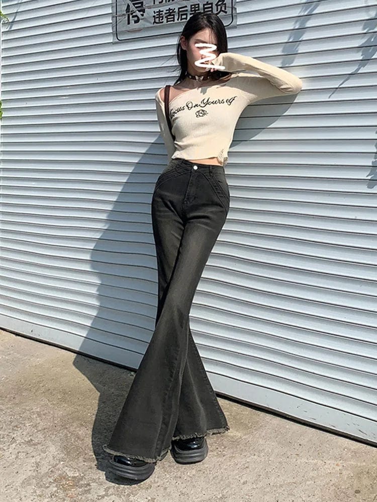 Eleganza Italiana American Retro Bell Bottoms Low Waist Slim Women Fashion Black E-Girl Denim Pant Hiphop High Street Flare Jeans Y2K Streetwear Streetwear high fashion shein amazon temu target Walmart online