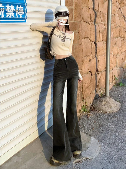 Eleganza Italiana American Retro Bell Bottoms Low Waist Slim Women Fashion Black E-Girl Denim Pant Hiphop High Street Flare Jeans Y2K Streetwear Streetwear high fashion shein amazon temu target Walmart online