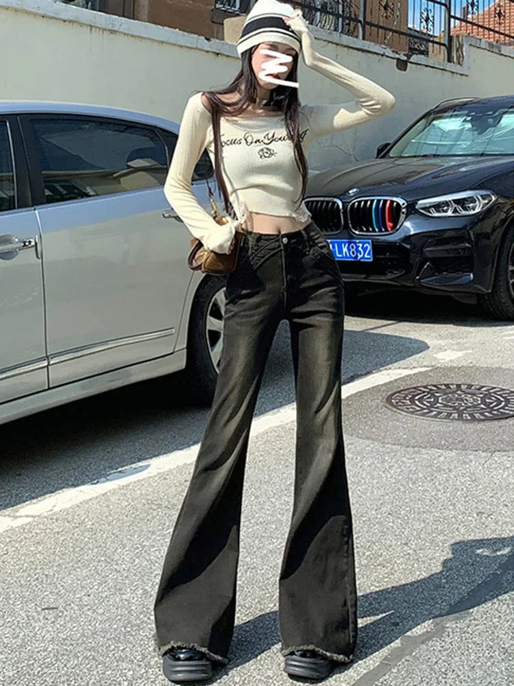 Eleganza Italiana American Retro Bell Bottoms Low Waist Slim Women Fashion Black E-Girl Denim Pant Hiphop High Street Flare Jeans Y2K Streetwear Streetwear high fashion shein amazon temu target Walmart online