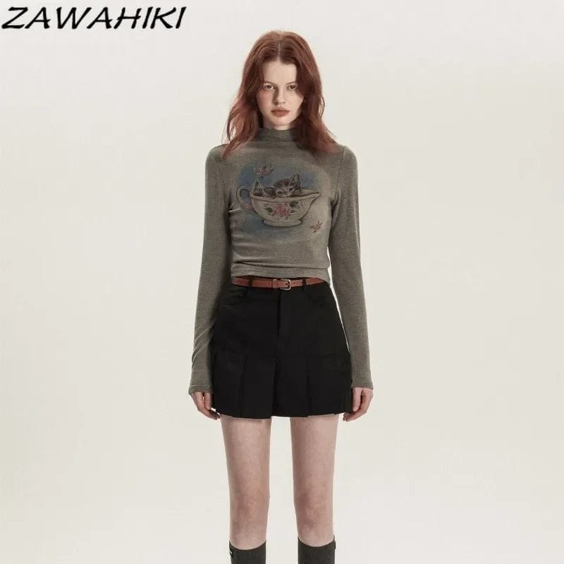 Eleganza Italiana American Retro Cartoon Print Fall Turtleneck Long Sleeve T Shirt Women Fashion Y2K Sweet Streetwear Slim Casual Chic Tees Mujer Streetwear high fashion shein amazon temu target Walmart online