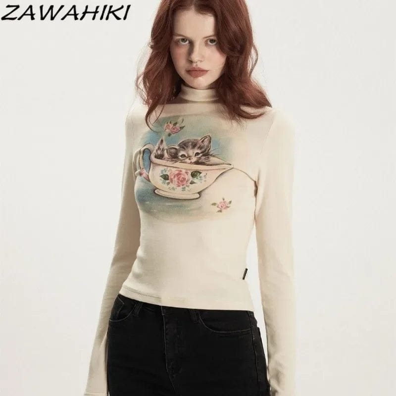 Eleganza Italiana American Retro Cartoon Print Fall Turtleneck Long Sleeve T Shirt Women Fashion Y2K Sweet Streetwear Slim Casual Chic Tees Mujer Streetwear high fashion shein amazon temu target Walmart online