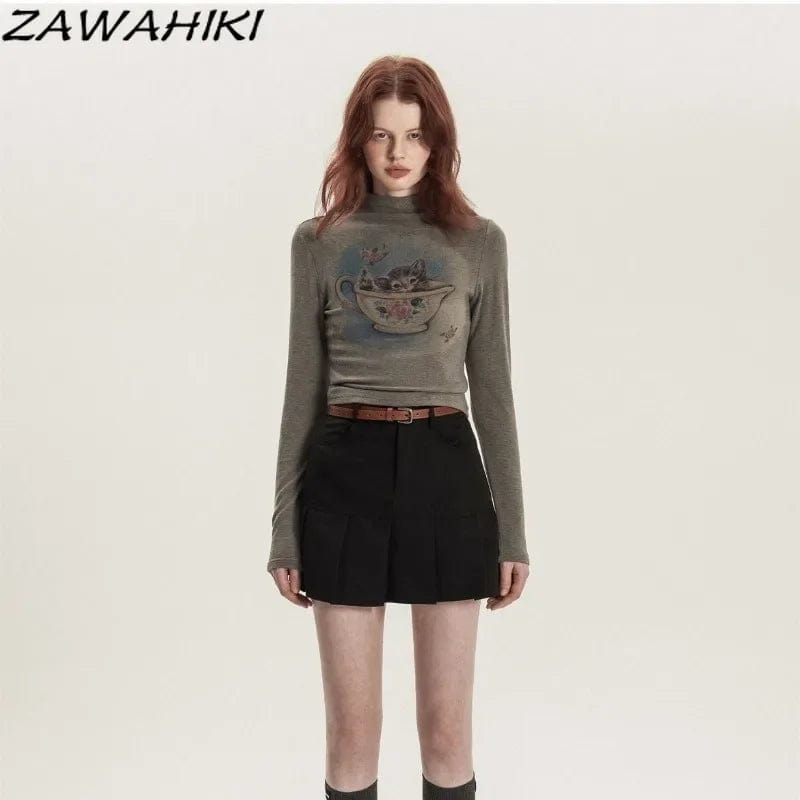 Eleganza Italiana American Retro Cartoon Print Fall Turtleneck Long Sleeve T Shirt Women Fashion Y2K Sweet Streetwear Slim Casual Chic Tees Mujer Streetwear high fashion shein amazon temu target Walmart online