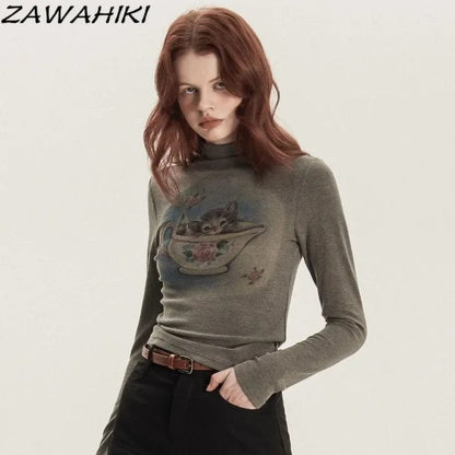 Eleganza Italiana American Retro Cartoon Print Fall Turtleneck Long Sleeve T Shirt Women Fashion Y2K Sweet Streetwear Slim Casual Chic Tees Mujer Streetwear high fashion shein amazon temu target Walmart online