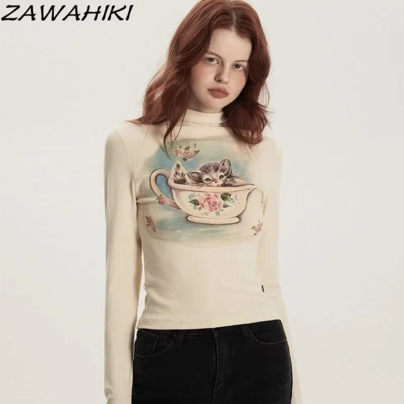 Eleganza Italiana American Retro Cartoon Print Fall Turtleneck Long Sleeve T Shirt Women Fashion Y2K Sweet Streetwear Slim Casual Chic Tees Mujer Streetwear high fashion shein amazon temu target Walmart online