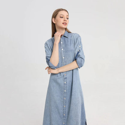 Eleganza Italiana AP 2024 Spring and Summer Denim Shirt Dress Lady Casual Clothing Side Slits Sleeve Length Can Be Adjusted Streetwear high fashion shein amazon temu target Walmart online