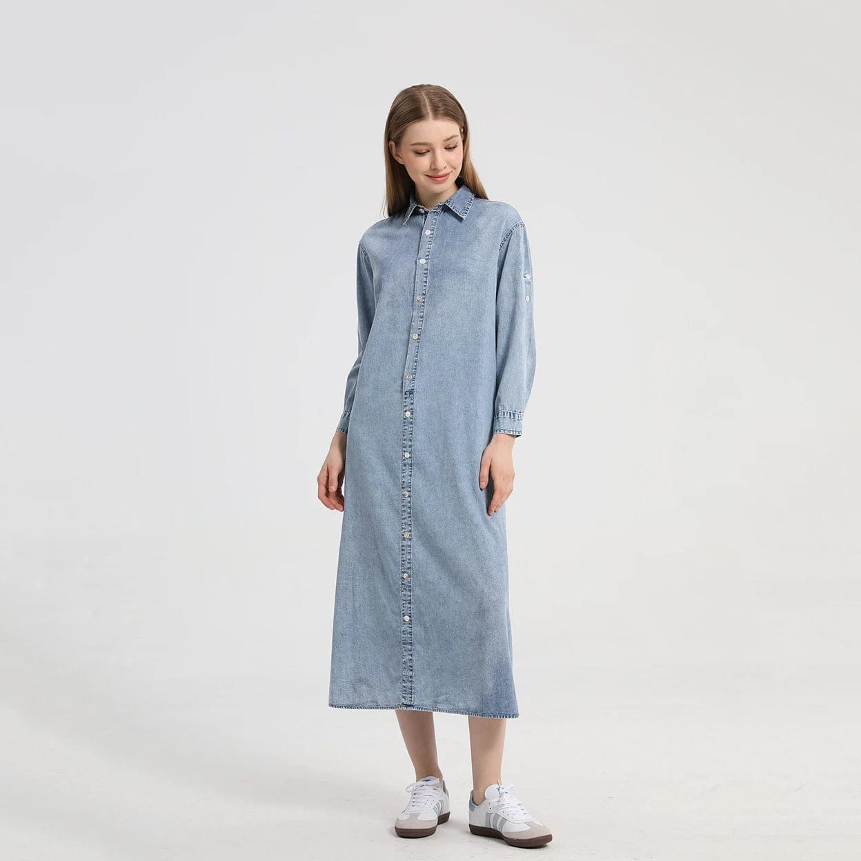 Eleganza Italiana AP 2024 Spring and Summer Denim Shirt Dress Lady Casual Clothing Side Slits Sleeve Length Can Be Adjusted Streetwear high fashion shein amazon temu target Walmart online