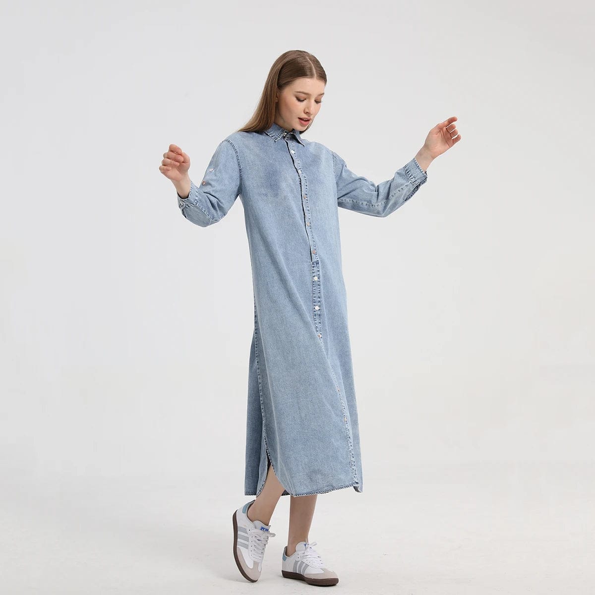 Eleganza Italiana AP 2024 Spring and Summer Denim Shirt Dress Lady Casual Clothing Side Slits Sleeve Length Can Be Adjusted Streetwear high fashion shein amazon temu target Walmart online