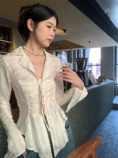 Eleganza Italiana Asymmetrical Shirts Women Retro Slim Turn-down Collar Autumn Sheer Tops Sun-proof Harajuku Hotsweet Cropped Japanese Style Y2k Streetwear high fashion shein amazon temu target Walmart online