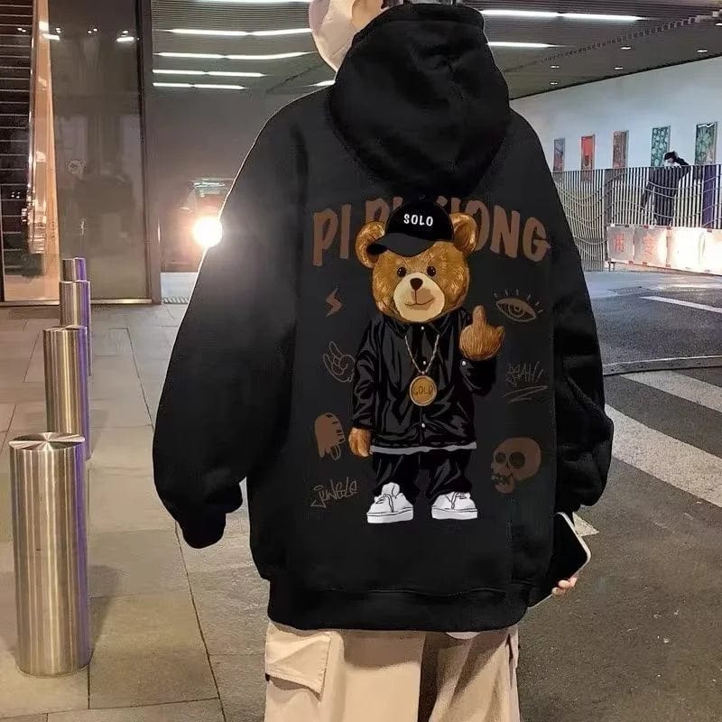 Eleganza Italiana Autumn Middle Finger Bear Print Casual Hooded Sweatshirt For Men Japanese Hoodies Pullover Harajuku Fashion Y2K Streetwear Streetwear high fashion shein amazon temu target Walmart online