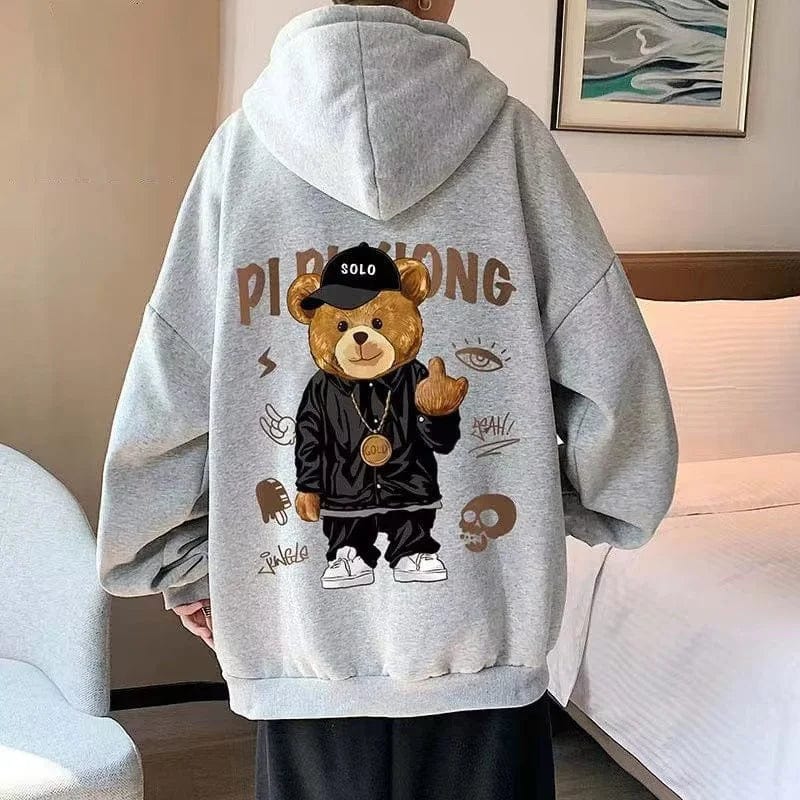 Eleganza Italiana Autumn Middle Finger Bear Print Casual Hooded Sweatshirt For Men Japanese Hoodies Pullover Harajuku Fashion Y2K Streetwear Streetwear high fashion shein amazon temu target Walmart online